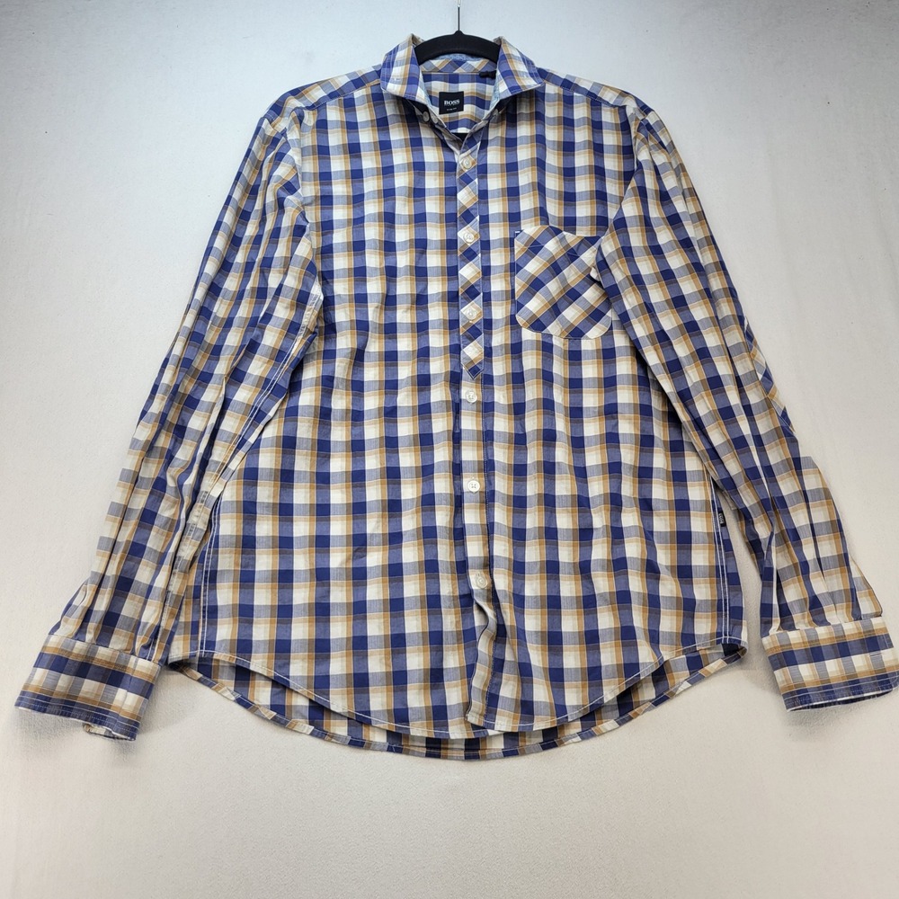 BOSS Hugo Boss Button Up Shirt Mens Medium Blue Tan Plaid Slim Fit Long Sleeve
